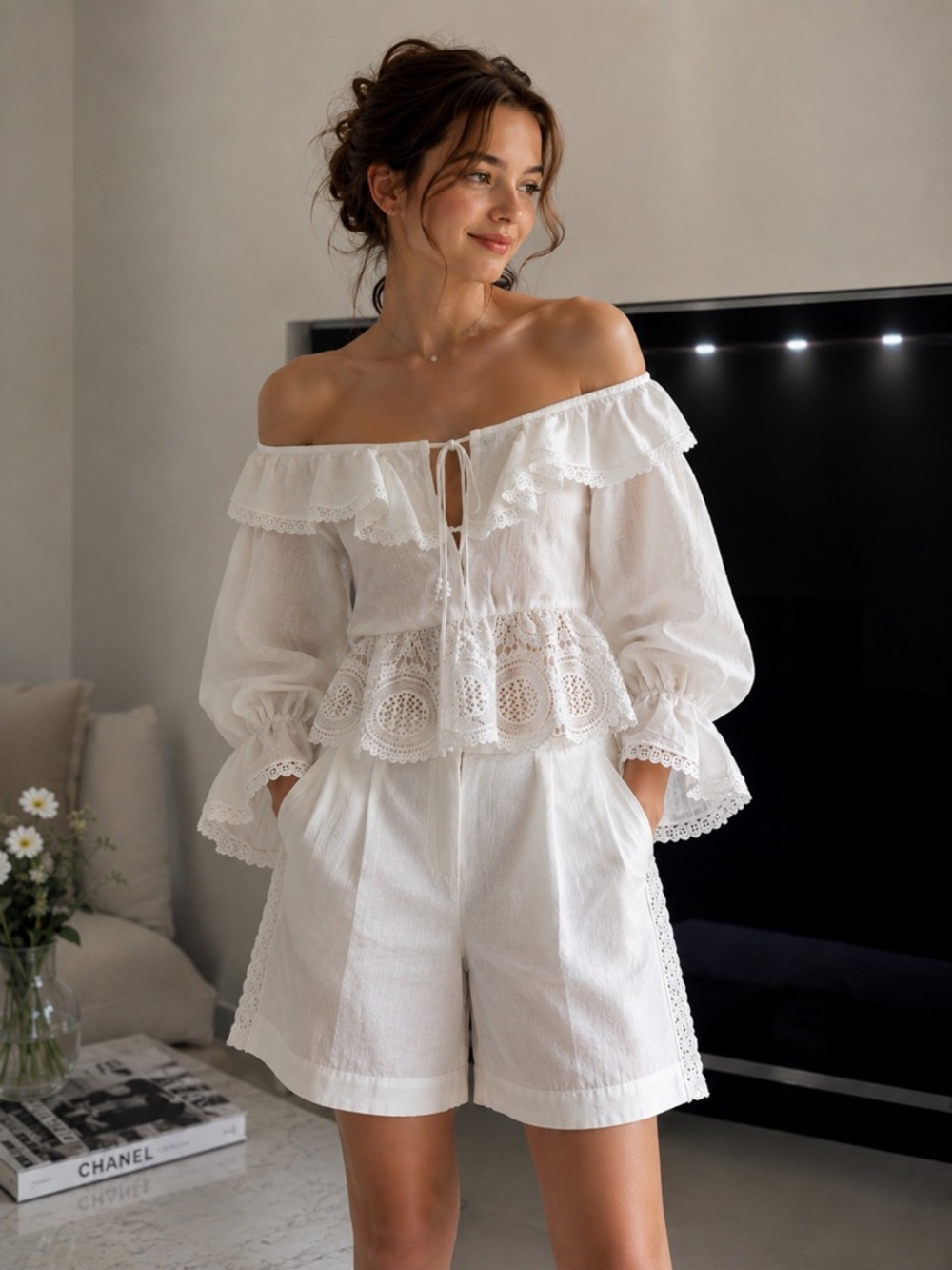 Gizia White Lace Peplum Blouse & Shorts Set – Ruffle, Feminine, Summer Outfit